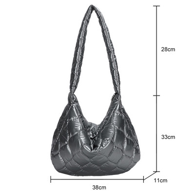 Зимна памучно подплатена чанта за жени 2022 г. Решетъчна ватирана дамска чанта Голяма женска голяма чанта Чанта с пера Пух Дамски пазарски чанти за скитници