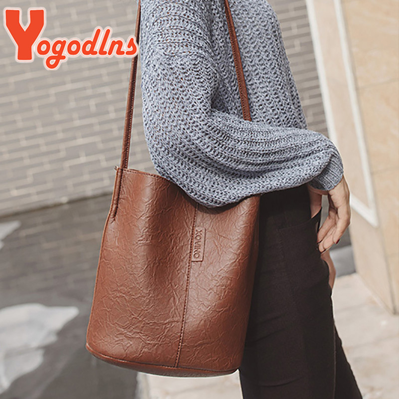 Yogodlns Vintage válltáska nőknek PU bőr vödörtáska alkalmi fogantyús táska, nagy kapacitású márka Crossbody Bag Lady kézitáska