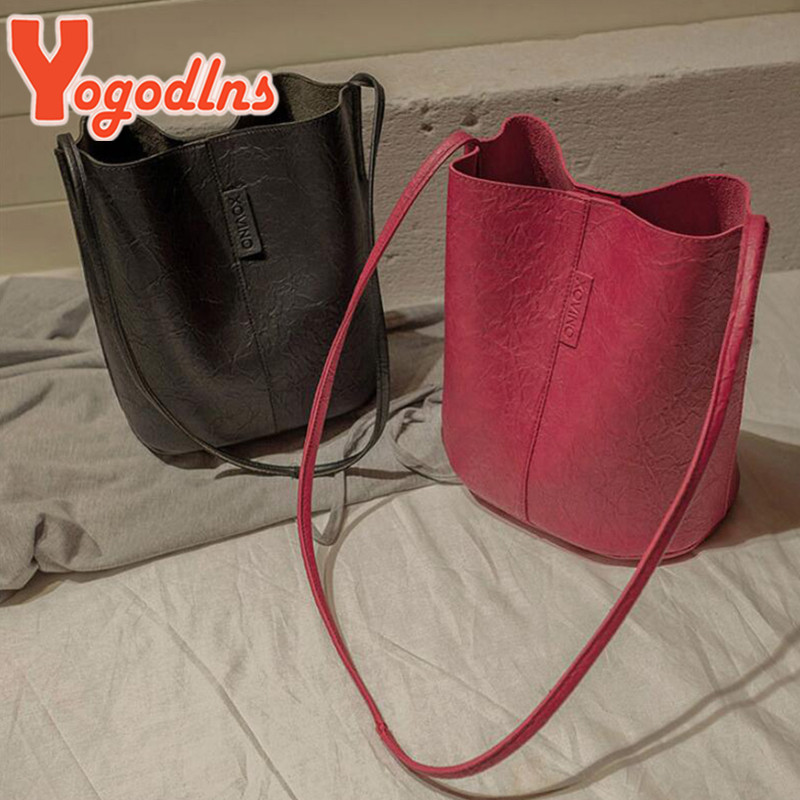 Yogodlns Vintage válltáska nőknek PU bőr vödörtáska alkalmi fogantyús táska, nagy kapacitású márka Crossbody Bag Lady kézitáska