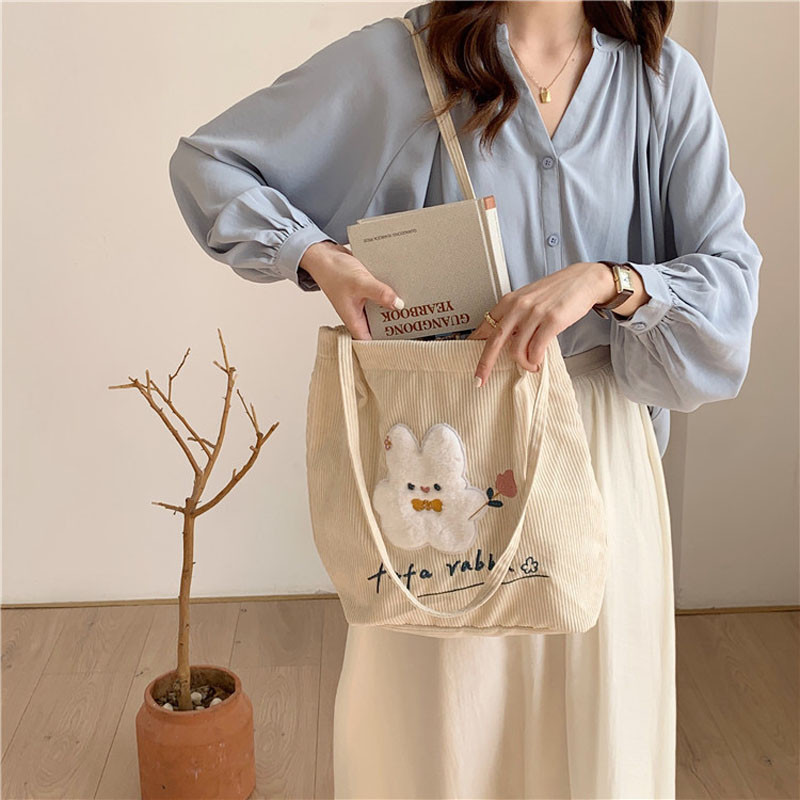 Hylhexyr Γυναικεία Χαριτωμένη τσάντα χειρός με κεντήματα κουνελιού Τσάντες αγορών από καμβά Μαγνητική αγκράφα Σχολική τσάντα ώμου για μαθητές