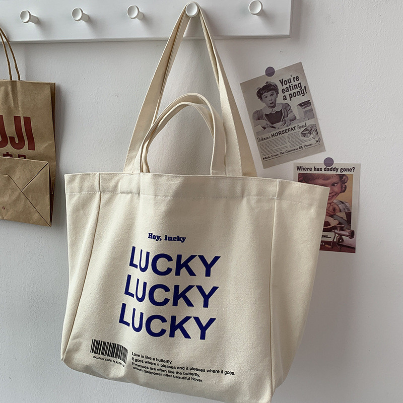 INS "LUCKY" kiri Naiste lõuend kandekott Ostukotid Naiste õlakott Ökoloogiline korduvkasutatav ostukott Mood Tüdrukutele Rannakott