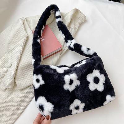 2021 INS Модни дамски плюшени чанти през рамо с шарка на цветя Елегантни женски чанти за подмишниците Дамска чанта от изкуствена кожа Пухкави чанти