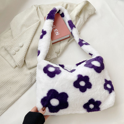 2021 INS Модни дамски плюшени чанти през рамо с шарка на цветя Елегантни женски чанти за подмишниците Дамска чанта от изкуствена кожа Пухкави чанти