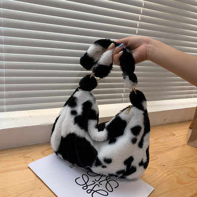 2021 INS Модни дамски плюшени чанти през рамо с шарка на цветя Елегантни женски чанти за подмишниците Дамска чанта от изкуствена кожа Пухкави чанти