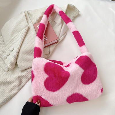 2021 INS Модни дамски плюшени чанти през рамо с шарка на цветя Елегантни женски чанти за подмишниците Дамска чанта от изкуствена кожа Пухкави чанти