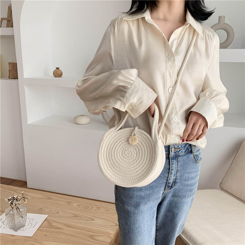 Τσάντα ώμου Bohemia Style Γυναικείες τσάντες χιαστί βαμβακερές πλεκτές τσάντες διακοπών Ψάθινο πορτοφόλι Casual Χακί χειροποίητη στρογγυλή τσάντα