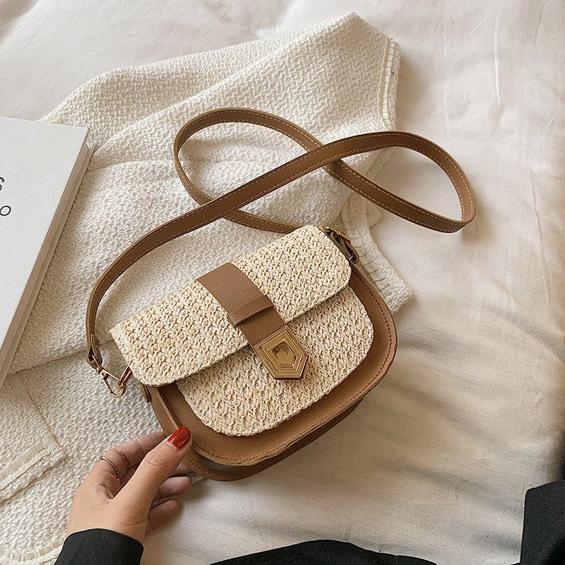 Γυναικεία ψάθινα υφαντά Shoulder PU λαβή χιαστί τσάντα Messenger Casual Γυναικεία αλυσίδα διακοπών καλοκαιρινής παραλίας Μικρές τσάντες με πορτοφόλι