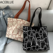 Дамска платнена дамска чанта Голяма вместимост Чанта за пазаруване Сладка котешка чанта с цип Дизайнерска малка чанта за през рамо в японски стил с карикатура