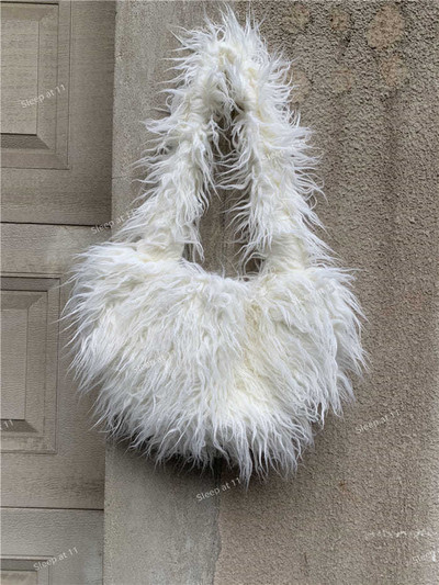 Genți de umăr albe pentru femei, lungi și păroase la subrat