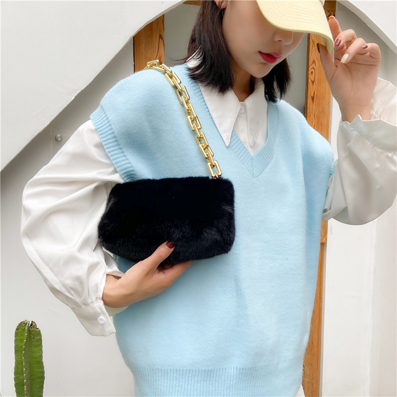 Genți de mână de iarnă pentru femei 2021 de designer de lux cu blană artificială mini clutch cu lanț gros de aur pentru femei geantă de umăr posetă mică de umăr