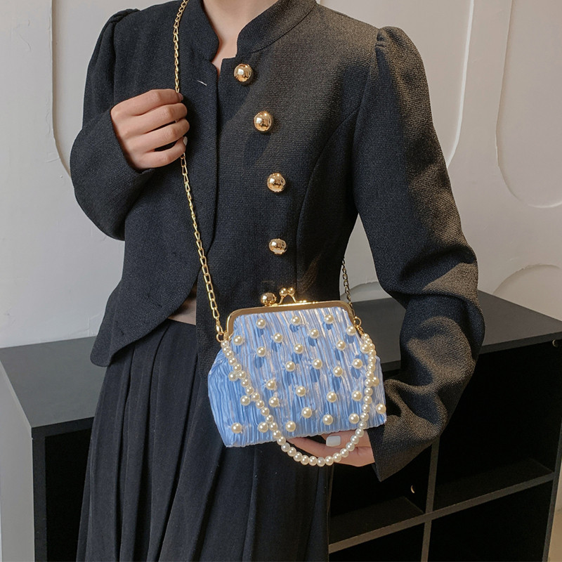 Πολυεστερική τσάντα σχεδιαστής μεταλλική τσάντα με κλιπ και γουρουνοφόρα τσάντα βραδινής αλυσίδας πολυτελείας μαργαριταρένιας τσάντα μόδας αλυσίδα τσάντα ώμου για πάρτι