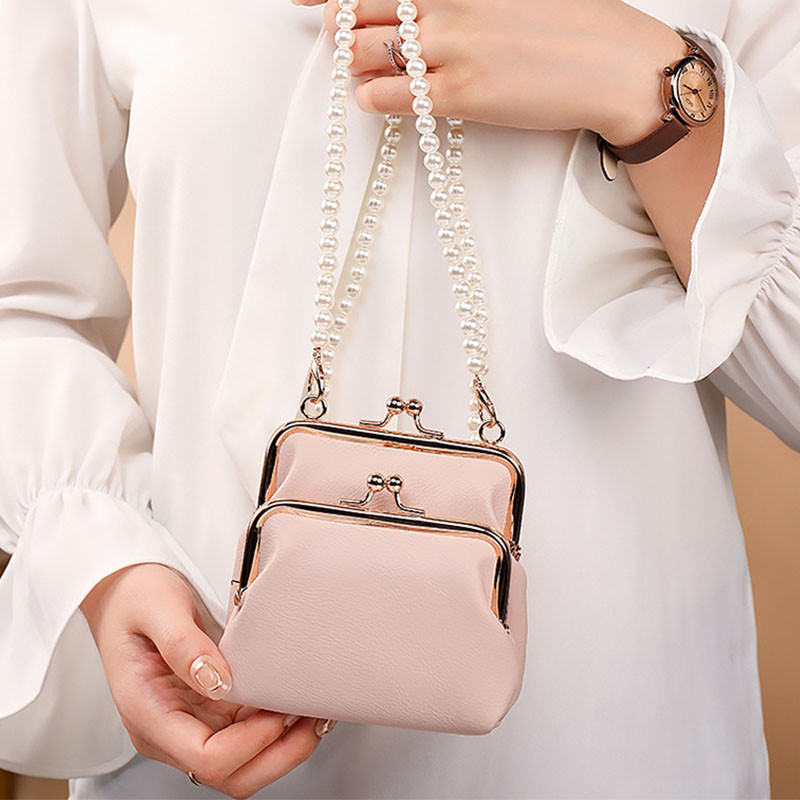 Fashion Double Layer Clips πορτοφόλι Deisgner Τσάντα χιαστί Γυναικεία μαργαριταρένια αλυσίδα Πορτοφόλι Pu Δερμάτινο πορτοφόλι Τσάντες ώμου Γυναικεία τσάντα