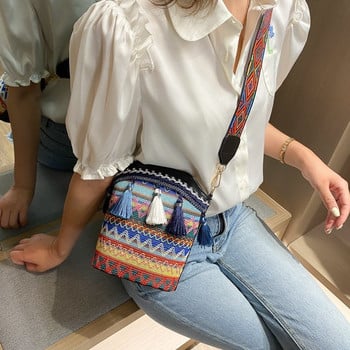 Модна дамска чанта Super Fire National Style Персонализирана чанта за едно рамо с пискюл Bucket Bag Woven Women