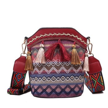 Модна дамска чанта Super Fire National Style Персонализирана чанта за едно рамо с пискюл Bucket Bag Woven Women