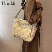 Sügistalvine õlakott Suure mahutavusega tepitud puuvillase polsterdatud kott rombikujulise võrega ühevärviline vabaaja pehme tänavaostlemiseks