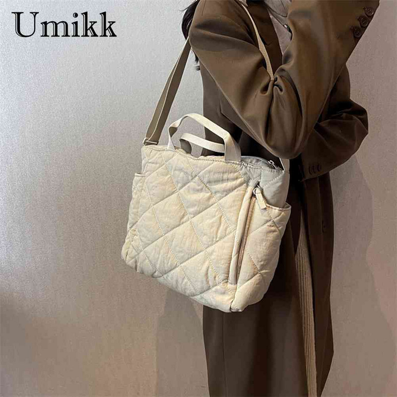 Sügistalvine õlakott Suure mahutavusega tepitud puuvillase polsterdatud kott rombikujulise võrega ühevärviline vabaaja pehme tänavaostlemiseks