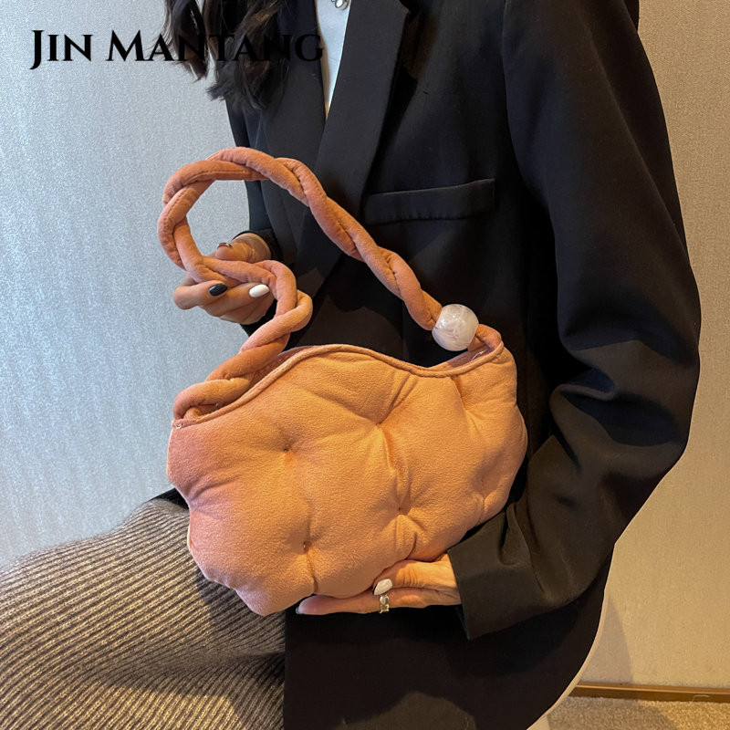 Geantă de umăr din catifea în formă de bob de mazăre Genți de mână cu pliuri umflate pentru femei Geantă de subrat cu cureaua răsucită Genți cu mâner de sus din margele acrilice de iarnă