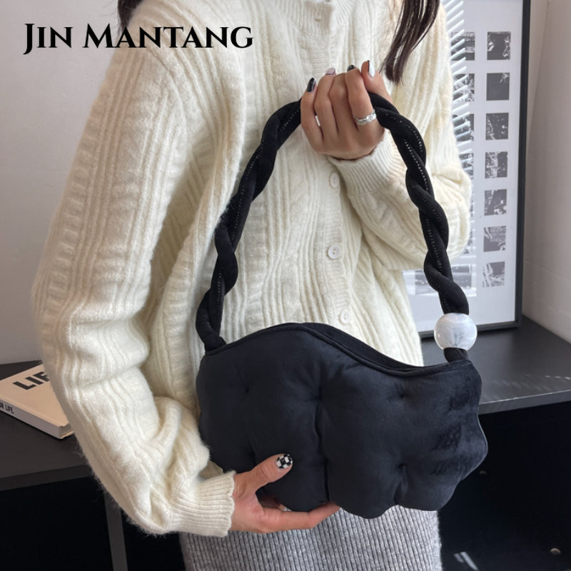 Geantă de umăr din catifea în formă de bob de mazăre Genți de mână cu pliuri umflate pentru femei Geantă de subrat cu cureaua răsucită Genți cu mâner de sus din margele acrilice de iarnă