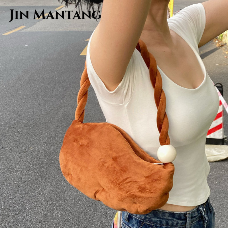 Geantă de umăr din catifea în formă de bob de mazăre Genți de mână cu pliuri umflate pentru femei Geantă de subrat cu cureaua răsucită Genți cu mâner de sus din margele acrilice de iarnă