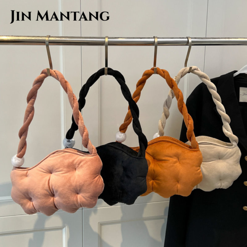 Geantă de umăr din catifea în formă de bob de mazăre Genți de mână cu pliuri umflate pentru femei Geantă de subrat cu cureaua răsucită Genți cu mâner de sus din margele acrilice de iarnă