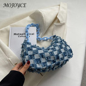 Vintage teksariidest naiste väikesed õlakotid Sinine ruuduline käekott Tote Akrüülkett kaenlaaluste kott Naiste kaenlaaluse rahakott ülemise käepidemega kotid