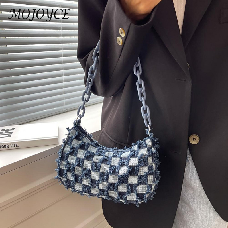 Vintage teksariidest naiste väikesed õlakotid Sinine ruuduline käekott Tote Akrüülkett kaenlaaluste kott Naiste kaenlaaluse rahakott ülemise käepidemega kotid