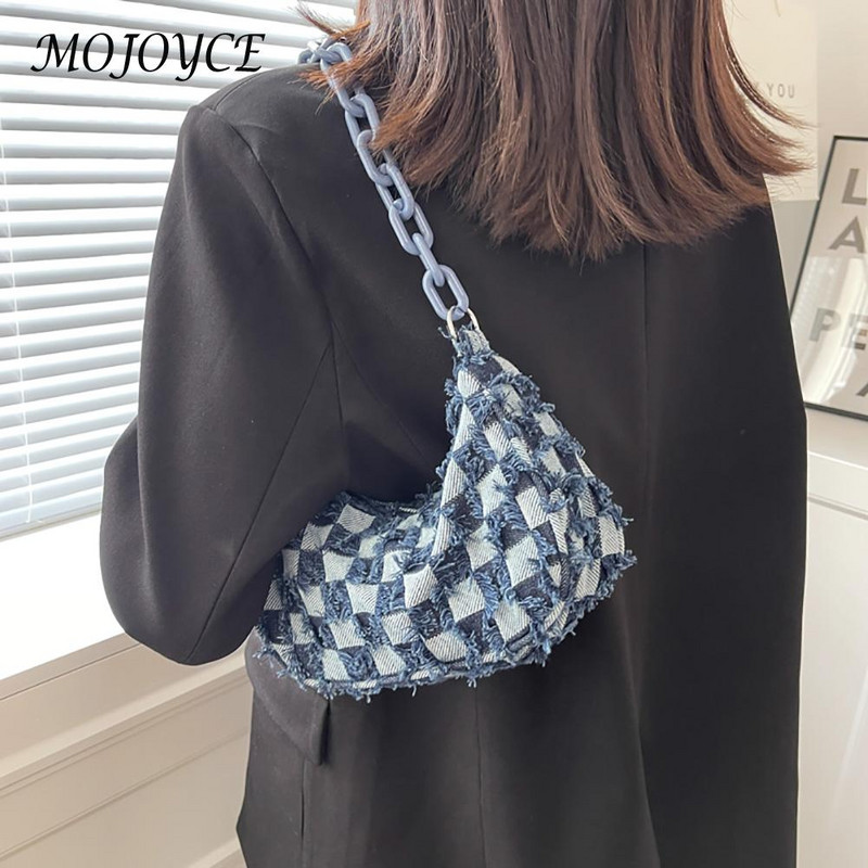 Vintage teksariidest naiste väikesed õlakotid Sinine ruuduline käekott Tote Akrüülkett kaenlaaluste kott Naiste kaenlaaluse rahakott ülemise käepidemega kotid