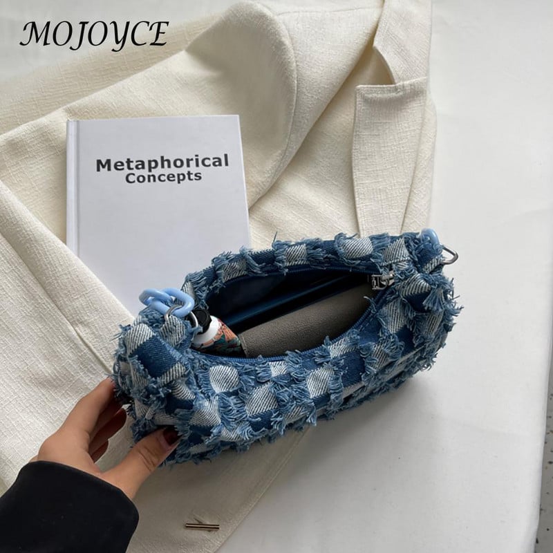 Vintage teksariidest naiste väikesed õlakotid Sinine ruuduline käekott Tote Akrüülkett kaenlaaluste kott Naiste kaenlaaluse rahakott ülemise käepidemega kotid