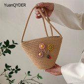 Suvised käsitsi valmistatud kestaga kotid naistele Kootud Naise õlgedest õlgadest õlgadest kott Pakendatud rannakott Lilledega käekotid Naistele Väike kott