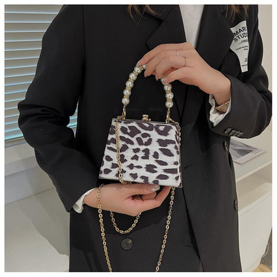 Uus Leopardi prindiga väike karbi pakett pärlkäepidemega kast käekott mini õlakott Women Messenger kott tide pakett