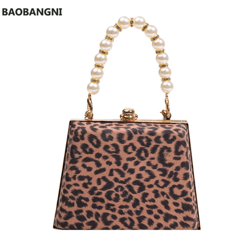 Uus Leopardi prindiga väike karbi pakett pärlkäepidemega kast käekott mini õlakott Women Messenger kott tide pakett