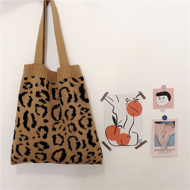 Hylhexyr Fashion Handle Handle Τσάντες Γυναικείες πλεκτές τσάντες αγορών Πτυσσόμενη τσάντα ύφανσης λεοπάρδαλης εκτύπωσης Τσάντες ώμου Casual Totes