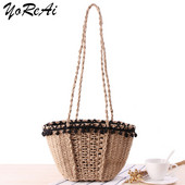 YoReAi Straw Woven Τσάντα Γυναικεία χειροποίητη τσάντα σε σχήμα φεγγαριού Tassel Rattan Drawstring Leisure Beach Τσάντες με έναν ώμο Messenger