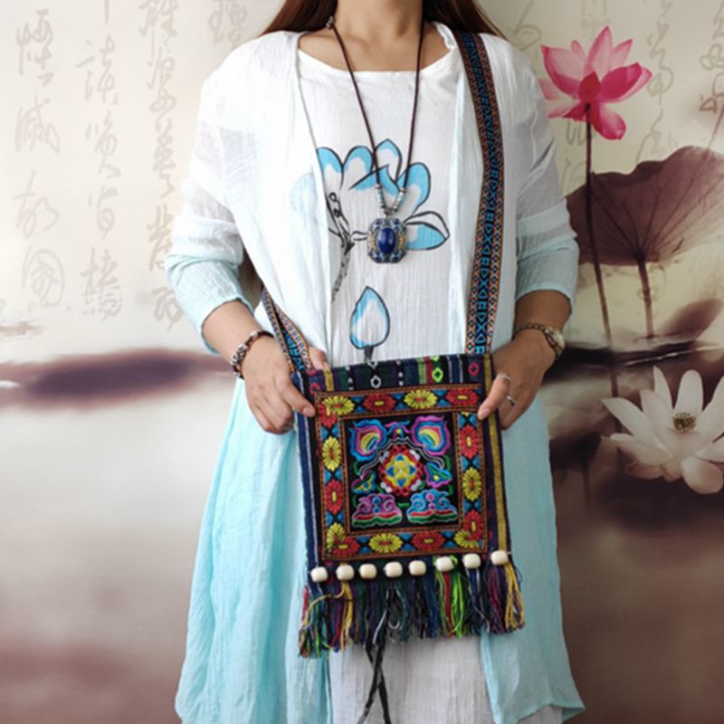 Τσάντα ώμου Γυναικεία Μοναδική Vintage Ethnic Τσάντα ώμου Κέντημα Boho Hippie Tassel Tote Messenger Floral κεντημένη τσάντα με φερμουάρ
