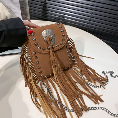 Rivet Skull Chain Bohemian Small Women Shoulder Bags Fringe Tassel PU Leather Fashion Vintage Women Bags Women`s Handbags Purses