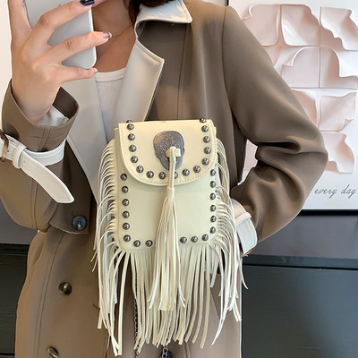 Kniedės Skull Grandinė Bohemian Mažos Moteriškos Pečių Krepšiai Kraštais Kutas PU Oda Mados Vintažiniai Moteriški Krepšiai Moteriškos Rankinės Piniginės