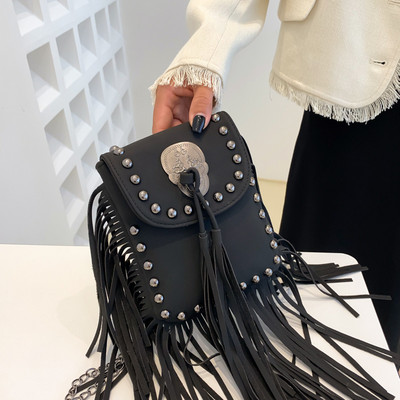 Kniedės Skull Grandinė Bohemian Mažos Moteriškos Pečių Krepšiai Kraštais Kutas PU Oda Mados Vintažiniai Moteriški Krepšiai Moteriškos Rankinės Piniginės