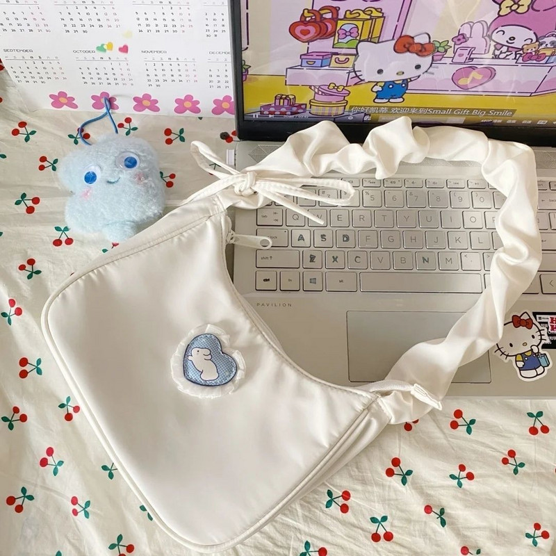 Γυναικείες τσάντες Kawaii Heart Rabbit Cute Lolita Designer Τσάντα ώμου Φθινοπωρινή Trendyol Lace Casual Γυναικεία τσαντάκια με κορδόνια