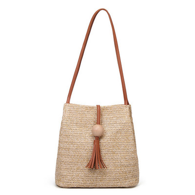 Γυναικείες ψάθινες τσάντες Bohemian Rattan Beach Handmade Kintted Crossbody Bucket Bags Summer Tassel bag Beach