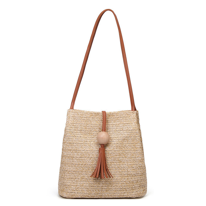 Γυναικείες ψάθινες τσάντες Bohemian Rattan Beach Handmade Kintted Crossbody Bucket Bags Summer Tassel bag Beach