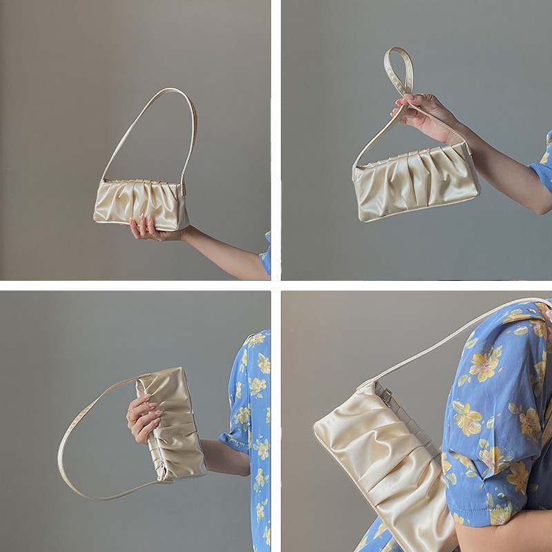 Luksuslikud voldid Mini ühevärvilised naiste kaenlaalused kotid siidist disainiga naistele väike õlakott Vintage naiste kandekott Clutch rahakott