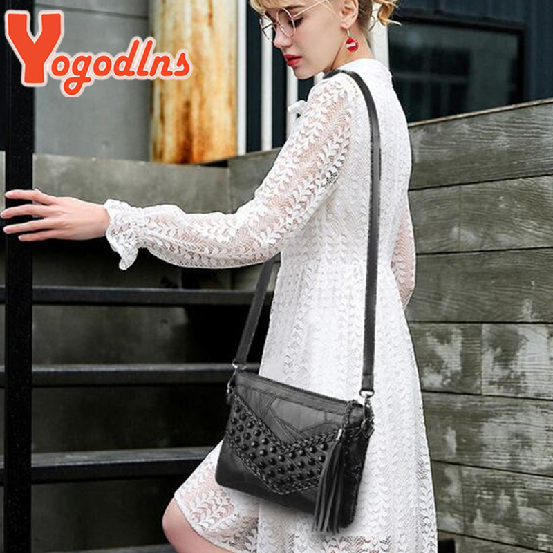 Yogodlns Vintage torba na rame sa zakovicama Ženska crna mala kurirska torba PU kožna torba preko ramena Ženska torbica za kupnju bolsos sac