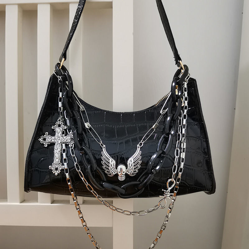 Y2k must korea gooti tüdrukukett Harajuku esteetilised käekotid Subkultuuri tume punk kaenlaaluse kott Risti pealuu õlakott Kotid