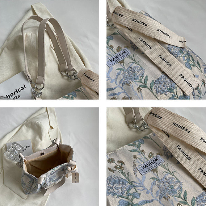 2023 Μεγάλης χωρητικότητας τσάντες από καραβόπανο για γυναίκες με κέντημα μόδας Floral γυναικείες τσάντες ώμου Casual τσάντες μετακινήσεων