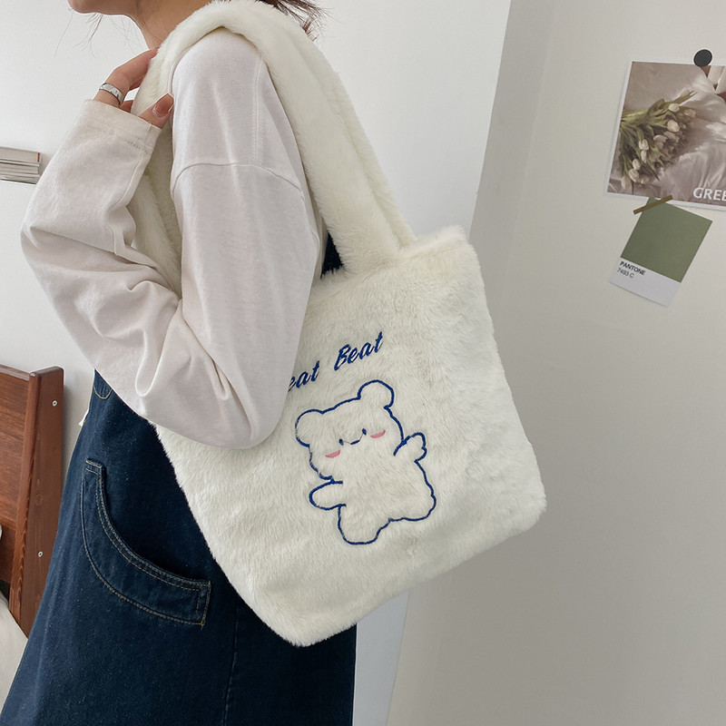 Λούτρινη γυναικεία τσάντα Shopper Τσάντα Cute Little Bear Print Μαλακή βελούδινη τσάντα ώμου Γυναικεία φθινοπωρινή χειμερινή casual τσάντα μεγάλης χωρητικότητας