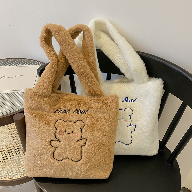 Λούτρινη γυναικεία τσάντα Shopper Τσάντα Cute Little Bear Print Μαλακή βελούδινη τσάντα ώμου Γυναικεία φθινοπωρινή χειμερινή casual τσάντα μεγάλης χωρητικότητας
