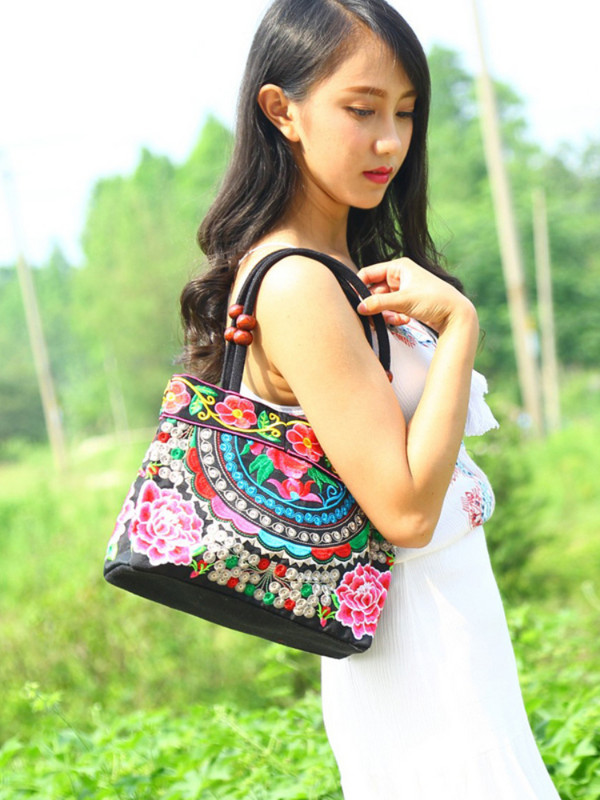 Κέντημα γυναικεία τσάντα ώμου Μικρές τσάντες εθνικού στυλ Γυναικείες φλοράλ κεντημένες τσάντες με κορυφαία λαβή Τσάντες με πτερύγια μπόλσας