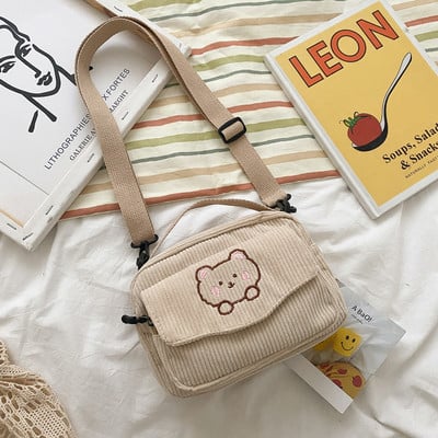 Kawaii Messenger kott Corduroy Crossbody kotid Väike hoiustamine huulepulk Kosmeetika kott Tikand Cartoon Bear Shopping Käekott Uus