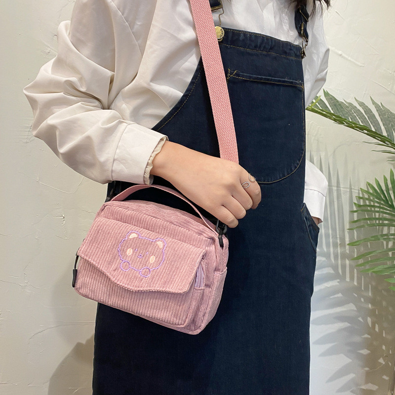 Kawaii Messenger kott Corduroy Crossbody kotid Väike hoiustamine huulepulk Kosmeetika kott Tikand Cartoon Bear Shopping Käekott Uus