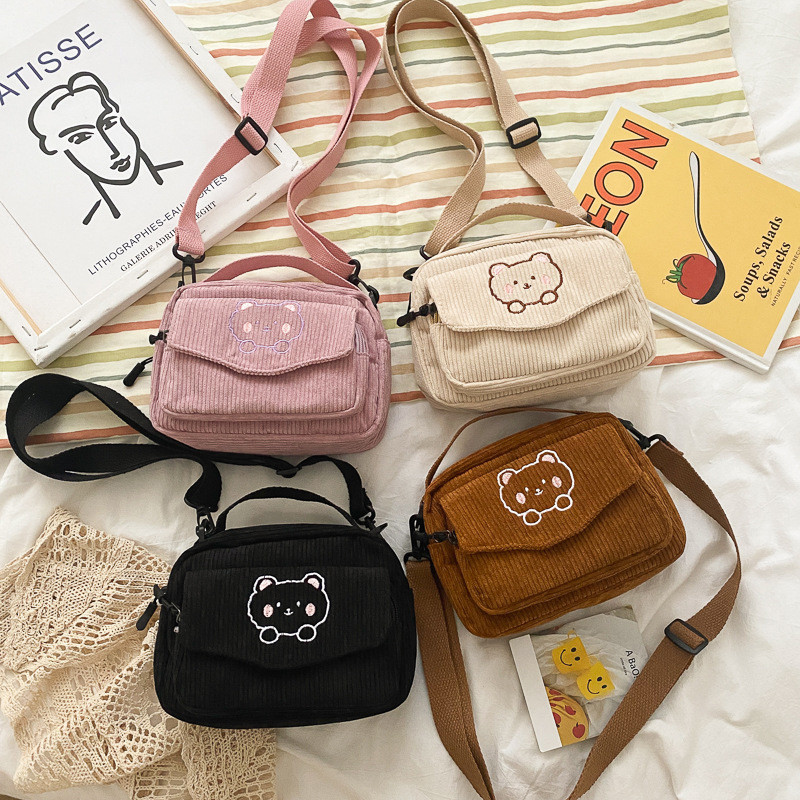 Kawaii Messenger kott Corduroy Crossbody kotid Väike hoiustamine huulepulk Kosmeetika kott Tikand Cartoon Bear Shopping Käekott Uus